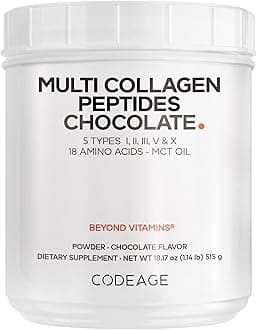 Codeage Multi Collagen Chocolate Protein Powder - Hydrolyzed Bovine Collagen Peptides, 5 Collagen Types & MCT Oil - Collagen Creamer, Chocolate Collagen Peptides - Protein Shakes - Non-GMO - 18.17 oz