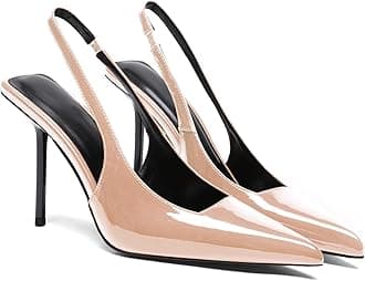 Women's Slingback Stiletto High Heels Pointed Toe Slip On Pumps Shoes Patent Leather Stretch Strap Backless Dress Heels