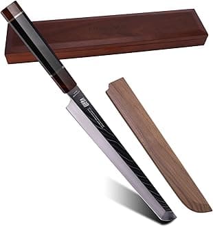 FINDKING Prestige Series Sakimaru Knife with Walnut Cover, Japanese SKD11 Damascus Steel Blade, Ebony Wood Octagonal Handle, Professional Sashimi Sushi Fish Knife (10.5 Inches, with Wooden Gift Box)