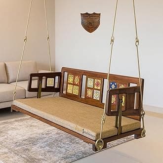Wooden/Jhula Reversible Tile with Brass Coated Chain 52" Swing Without Cushion- Mannu