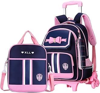 Rolling Backpack for Girls Cute Trolley Bags Primary School Bookbags with Wheels Kids Carry-On Wheeled Backpack with Lunch Bag