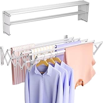 Wall Mounted Clothes Drying Rack, Foldable Wall Mount Laundry Drying Rack Folding Indoor, Drying Rack Clothing Collapsible, Retractable Towel Rack, Space Saver with 7 Drying Rods, White