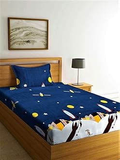 Home Sizzler 144 Tc Microfibre Kid's Galaxy Single Bedsheet with 1 Pillow Cover, Blue