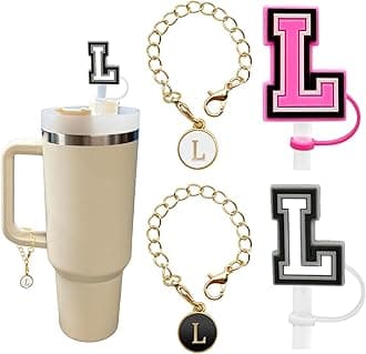 （2+2）2PCS Straw Cover for Stanley Cup 30&40 Oz 10mm Straw Topper with 2PCS Stanley Cup Accessories Letter Charms Name ID Initial Letter Handle Personalized Charm For Stanley Tumbler (Letter L)