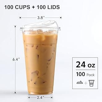 AOZITA 100 Pack 24 oz Disposable Plastic Cups With Strawless Sip-Lids, Clear Plastic Iced Coffee Cups Go for Drinks, Bubble Tea, Cold Beverage - BPA Free