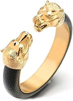 COOLSTEELANDBEYOND Mens Steel Wolf Head Open Cuff Bangle Bracelet Inlaid with Black Leather Elastic Adjustable