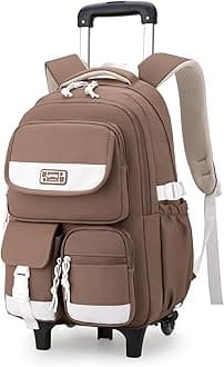 Solid Color Rolling Backpack for Girls Boys Cute Elementary school bag with wheels,Brown Trolley Bags for Travel