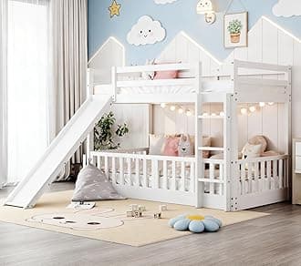 Bellemave Twin Over Twin Floor Bunk Bed with Slide and Ladder, Low Bunk Bed for Kids, Girls, Boys, Removable Fence, Bunk Bed with Slide, White