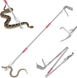50" Collapsible Stainless Steel Snake Grabber Tool: Multi-Functional Hook, Tongs, Pole, Reacher for Safe Snake Handling and Rattlesnake Catching