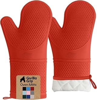 GORILLA GRIP BPA-Free Soft Silicone Oven Mitts, 14.5x8.3, Heat Resistant and Waterproof Cooking Gloves, Thick Cotton Lining, Flexible Gripping for Baking Grilling, Kitchen Potholders Set of 2, Coral