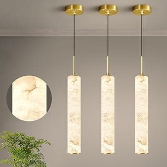 LMQNINE Natural Alabaster Pendant Lights for Kitchen Island White Marble Long Tube Chandelier 4000K Modern Gold Ceiling Light Fixtures for Bedroom Dining Room Table Living Room Hallway(M-3Pack)