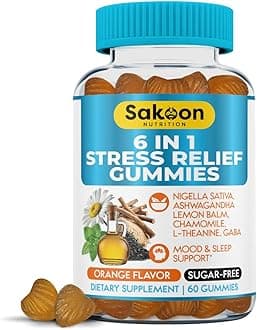 6-in-1 Stress Relief Gummies 60ct - Aids Relaxation with Ashwagandha, GABA, L-theanine, Lemon Balm, Chamomile, Black Cumin Seed Nigella Sativa. Improved Deep Sleep, Joint Support - 60 gummies