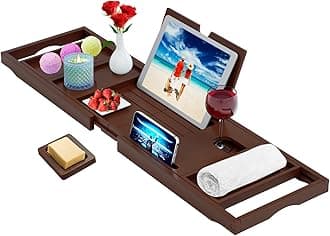 Premium Bamboo Bath Tray Caddy – Extendable Bath Caddy Tray, Wine Glass Holder, Device (Tablet, Kindle, iPad, Smart Phone) Tray for a Home-Spa Experience – Fits Most Bath Sizes