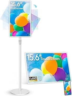 15.6" Digital Signage with 10000mAh Battery, Capacitive Touchscreen Advertising Display, Adjustable Stand, Android 11 Commercial LCD Monitor with Auto Play, Wireless Screen Mirroring, 4+64GB, White