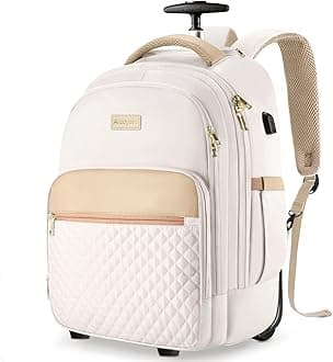 Rolling Backpack for women, 14.3 inch laptop bag backpack with wheels for large capacity, water resistant roller carry on backpack for travel business and college, Beige
