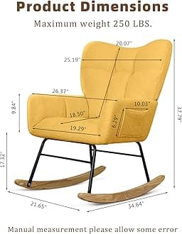 SoarFlash Nursery Rocking Chair Teddy Fabric Glider Chair Upholstered Rocker Accent Armchair with High Backrest and Solid Wood Legs for Nursery Bedroom Living Room Office(Yellow)