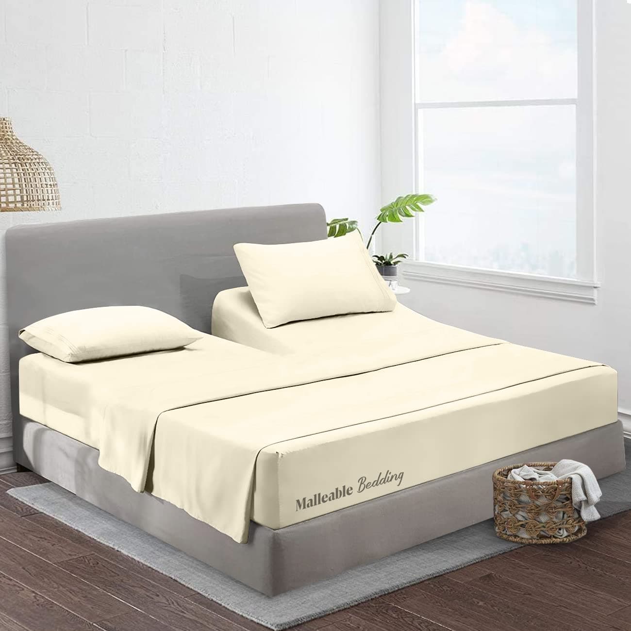 Top Split Flex Sheet Set for Adjustable Bed 32" Split Head King Size 1000 TC Soft & Smooth Egyptian Cotton 4 Piece Set fits up to 18 Inch Deep Pocket Ivory