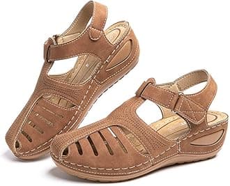 HitmarsWomen Sandals Wedge Comfortable Ladies Strap Platform Vintage Closed Toe Soft Wide Fit Summer Sandal Slip on Black Brown Blue 3-9 UK