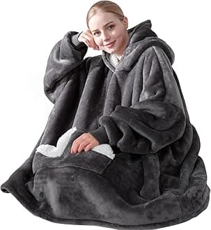 - Touchat Wearable Blanket Hoodie, Oversized Sherpa Fleece Sweatshirt Blanket with Giant Hood Pocket and Sleeves for Adult, Warm & Cozy Grey Blanket Gifts for Women