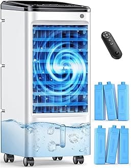 Windowless Air Conditioner with 6 Ice Packs, 3 Modes & 3 Speeds Swamp Cooler Air Conditioner, 12H Timer, 4L Tank for 24H Cooling, Remote, Dual Tank Portable Air Conditioners No Windows Needed