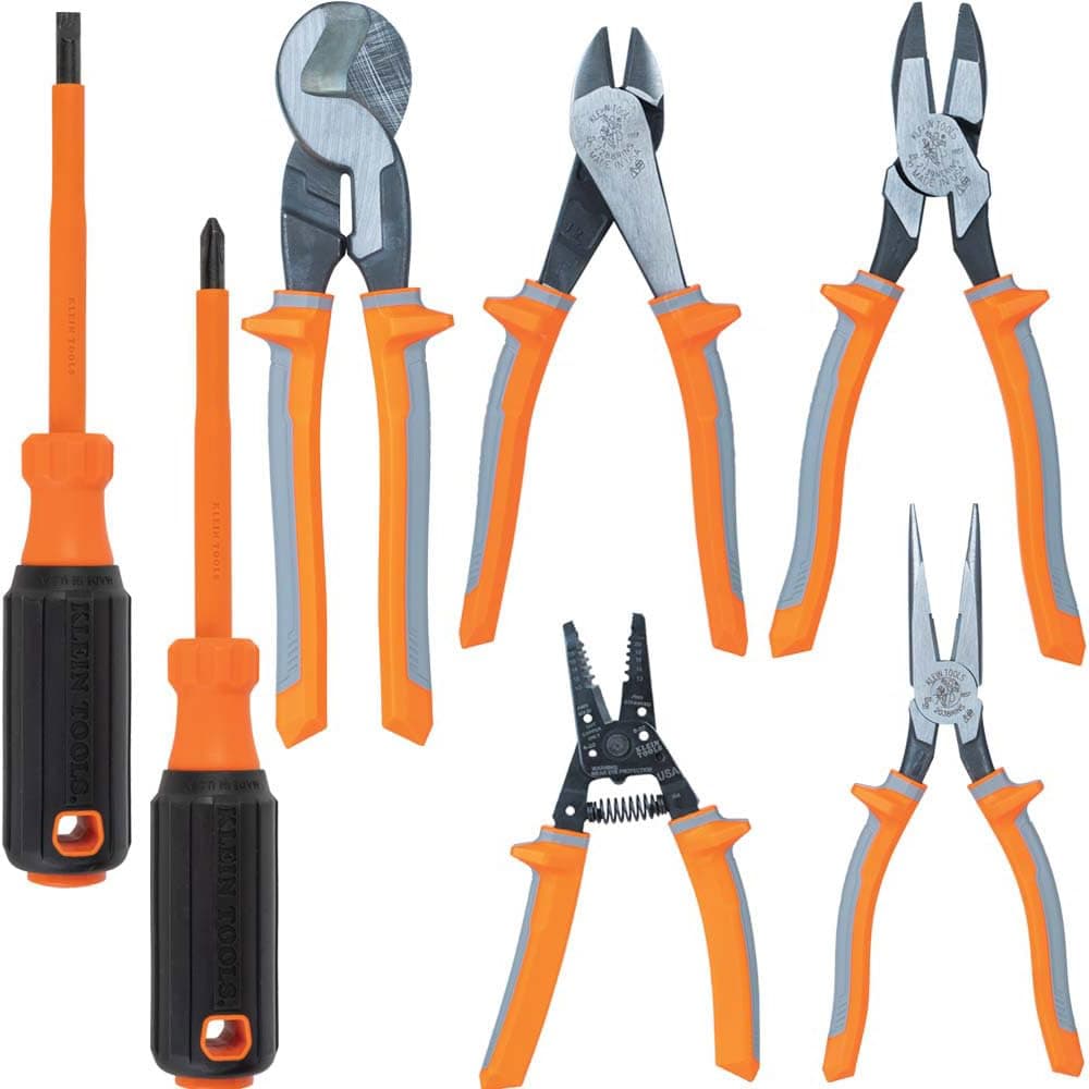 9421R 1000V Insulated Plier Tool Set, Made in USA, with 3 Pairs of Pliers, Cable Cutter, Wire Stripper, and 2 Screwdrivers, 7-Piece