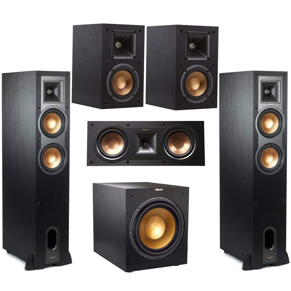 Klipsch Reference 5.1 Home Theater System - Bundle with 2X R-26FA Floorstanding Speaker, 2X R-41M Bookshelf Speaker, R-25C Channel Speaker, R-12SW Subwoofer