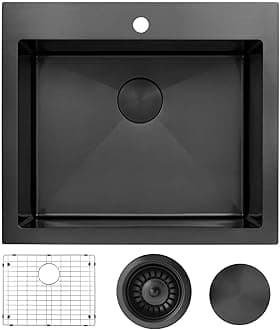 LQS Black Laundry Kitchen Sink, 25” x 22” Drop In Kitchen Sink, Drop In RV Kitchen Sink, Stainless Steel Laundry Sinks, 16 Gauge Black Kitchen Sinks With Accessories