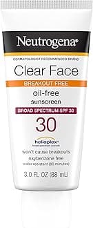 Neutrogena Clear Face Sunscreen for Acne-Prone Skin SPF 30, Broad Spectrum Facial Sunscreen Lotion, Lightweight, Non Comedogenic, Oil-, Fragrance- & Oxybenzone-Free Water Resistant (80 min), 3 fl. oz