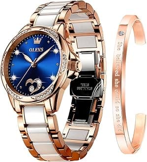 - Watch for Women Automatic Self Winding Mechanical Ladies Wrist Watch Big face Two Tone Stainless Steel Ceramic Bracelet Heart Diamond Fashion Luxury Ceramic Band Luminous Waterproof