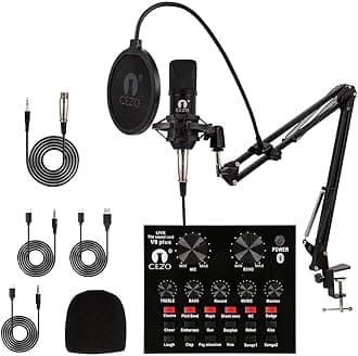 Cezo BM 800 Condenser Microphone Kit Set with V8 Sound Card, Boom Arm Stand, Pop Shield Recording Studio Equipment Full Set with 3.5mm Mic for Smartphones Live Streaming Youtubers - Black