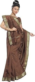 Sanskruti IndiaWomens Indian Ethnic Traditional Banarasi Art Silk Saree Sari Wrap Fabric Dress Drape (Brown)