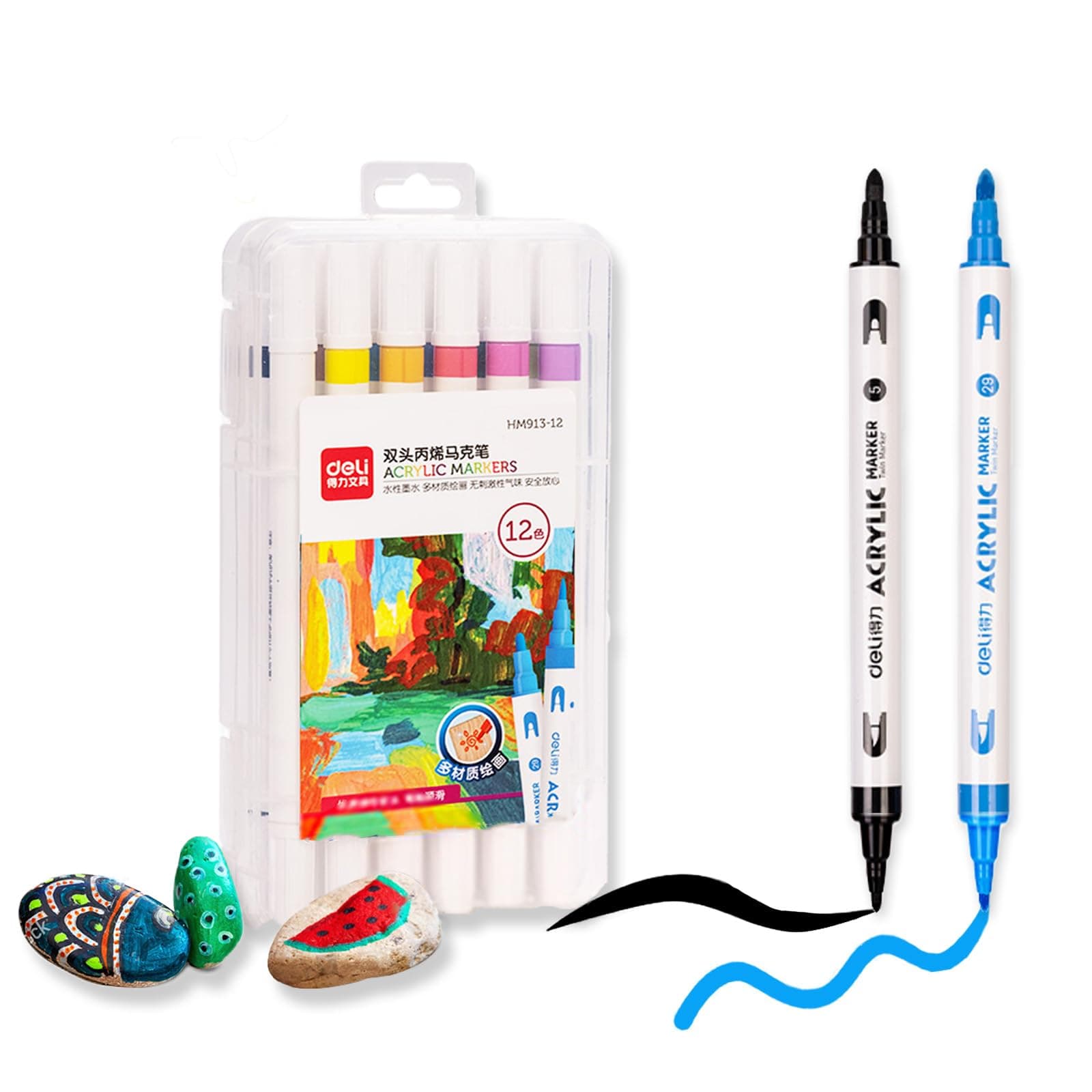 deli Paint Markers Dual Tip Quick Drying Acrylic Marker Pens Paint Pens for Wood Rock Canvas (12 Colors)