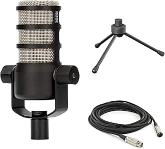 Rode PodMic Dynamic Podcast Microphone with Gator GFW-MIC-0250 Desktop Mic Stand, XLR Cable and StreamEye Polishing Cloth