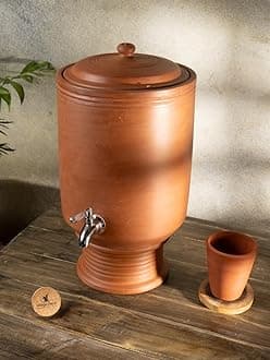 Village Decor Preseasoned Terracotta Water Pot with Free Lid,Stand,Glass and 304 Stainless Steel tap - 7000ML