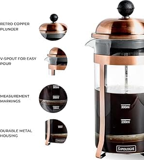 Sipologie Vintage French Press Coffee Maker 600ml, 4-Level Filtration System for Sediment-Free Coffee, Heat-Resistant Durable Borosilicate Glass, Measurement Marking, Copper