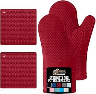 Gorilla Grip Heat and Slip Resistant Silicone Oven Mitt and Trivets Set, Waterproof, Cotton Lined Gloves, BPA-Free, Long Cooking Mitts and Trivet Mats, Kitchen Potholder Sets for Pans, 4 Pieces, Red