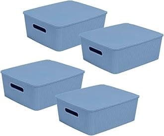 Storage Baskets with Lids - Set of 4 Stackable Plastic Boxes with Handles - Decorative Shelf Organizer Bins for Bathroom and Closet, Blue, 3.1 Gallons
