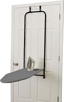 Household Essentials Over the Door Ironing Board, Self-Closing, Slim and Compact, Perfect for Small Spaces, Includes Padded Board Cover, Matte Black