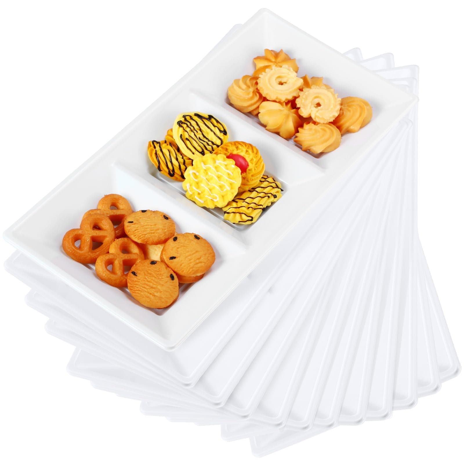20pcs White 3 Section Serving Tray Bulk Serving Dish Compartment Appetizer Tray Plastic Dessert Platter Divided Disposable Plate for a Tini Bit Older Party