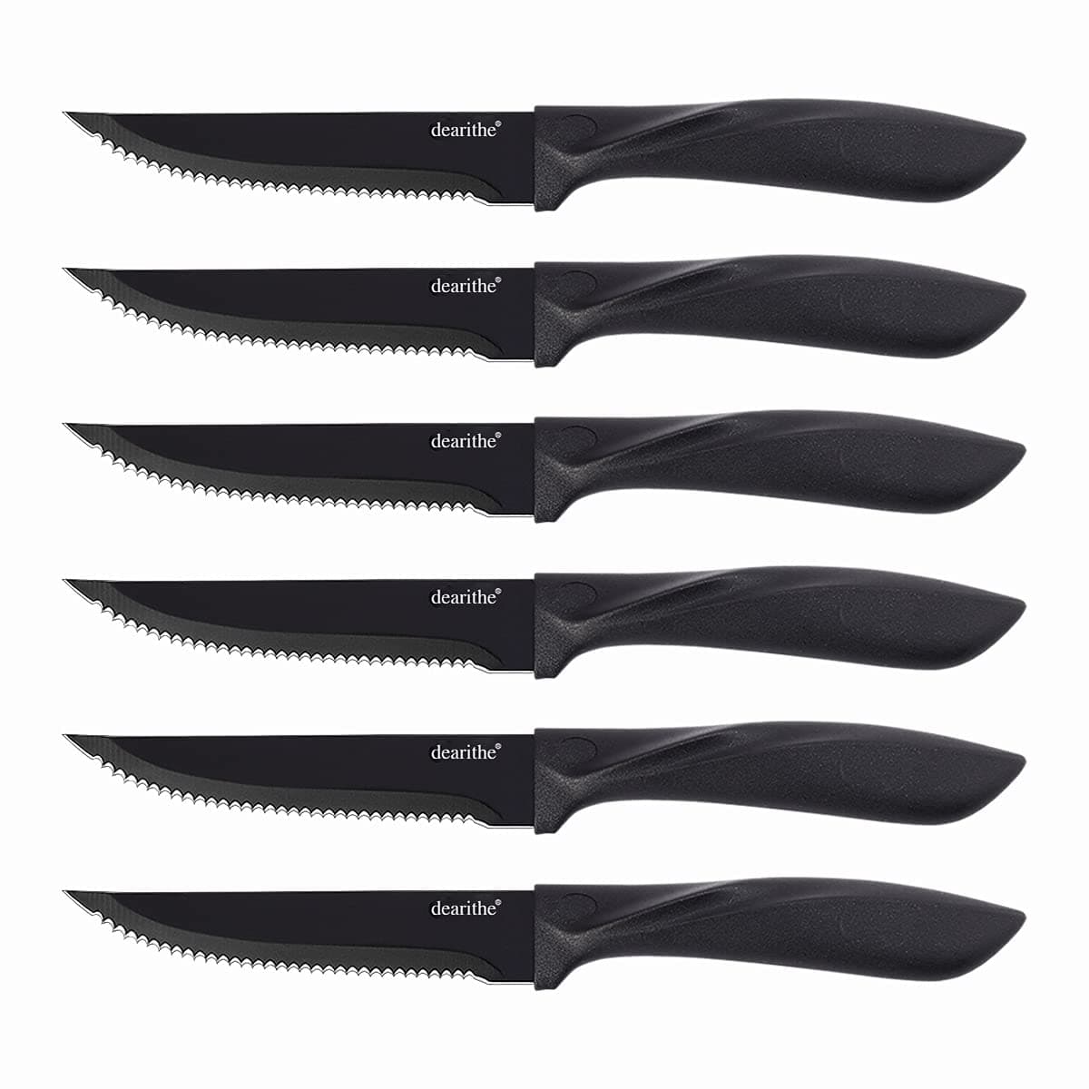 dearithe 6 Piece Black Serrated Stainless Steel Sharp Blade Flatware Steak Knife Set 4.5 Inch Non-Stick Coating Rust Resistant for Restaurant Tableware Kitchen Camping