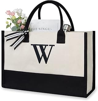 TOPDesign Personalized Initial Canvas Beach Bag, Monogrammed Gift Tote Bag for Women