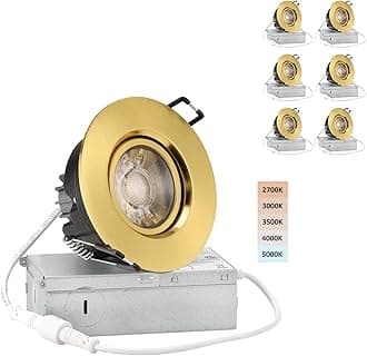 Premium Shiny Gold 3-inch LED Recessed Lights - 5 CCT 3 Inch Eyeball Ceilling Gimbal Potlight, Dimmable Recessed Lights Fixture with Junction Box, 8W CCT Adjustable, Shiny Gold, 6P