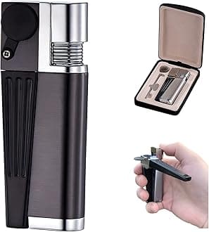 Portable Hitter Lighter, 2 in 1 Set Metal Lighter with Pipe Foldable Portable Lighter Open Flame Men's Gadget for Camping BBQ Kitchen (Black Style B)
