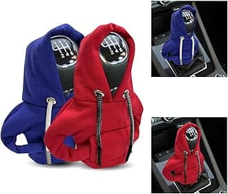 JOYCOURTJOYCOURT 2PCS Car Gear Shift Cover, Winter Warm Fashionable Hoodie Car Shift Knob, Auto Decor Interior Accessories Shift Knob for Car, SUV, Truck (Red&Blue)