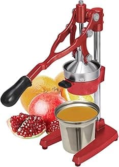 19 Inch Height Extra Tall Commercial Heavy Duty Cast Iron Hand Press Manual Orange Citrus Lemon Lime Grapefruit Pomegranate Fruit Juice Squeezer Machine with Stainless Steel Cup Red