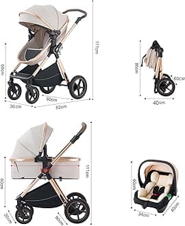 Shineey 3 in 1 Baby Stroller with Height Adjustable Handle,3 in 1 Prams Travel System, Lightweight Foldable Pushchair, Prams with Aluminum Frame for Portable Baby Carriage