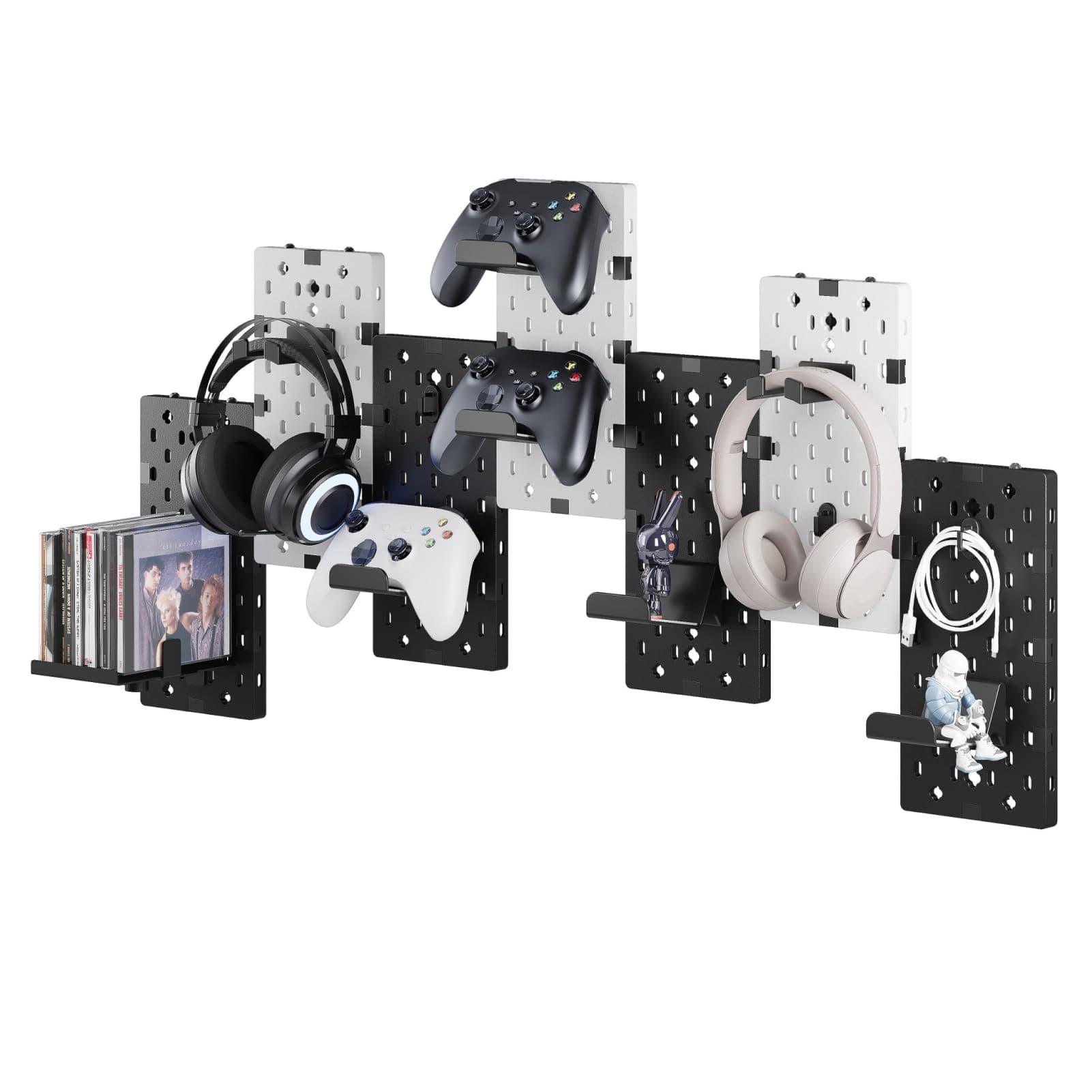 PEGZONE Controller and Headphone Holder Wall Mount, Modular Gaming Pegboard with Accessories, Controller Stand for Xbox PS5 PS4 Switch, Video Game Storage, Disc Shelf, 7pcs Pegboard, Black & White