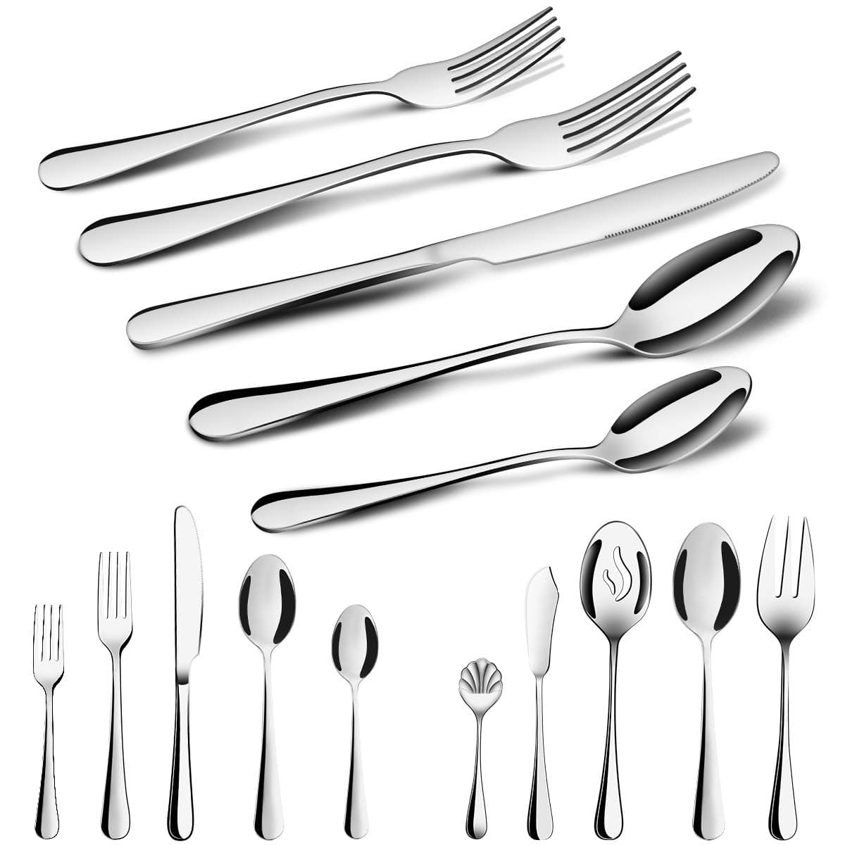 Silverware Set,MCIRCO 45 Pcs Flatware Set Serve for 8 Stainless Steel Forks Spoons Knives Set, Mirror Polished Cutlery Flatware Set with Large Serving Set