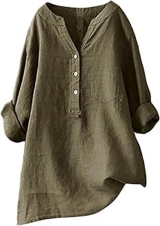 Linen Shirts for Women 2025 Buttons V Neck Cloths Long Sleeve Pockets Tshirt Trendy Dressy Blouses Casual Tunic Tops