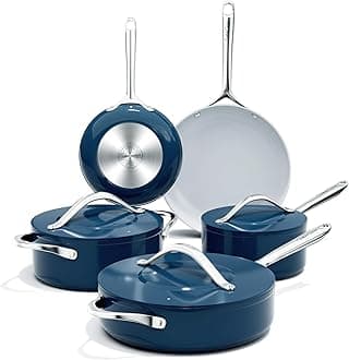 Ceramic Cookware Set 8 Pieces Nonstick Pots and Pans Set with Lid PFAS-Free Non Toxic Cookware, Induction Compatible, Oven Safe, Quick & Even Heat Distribution, Navy Blue